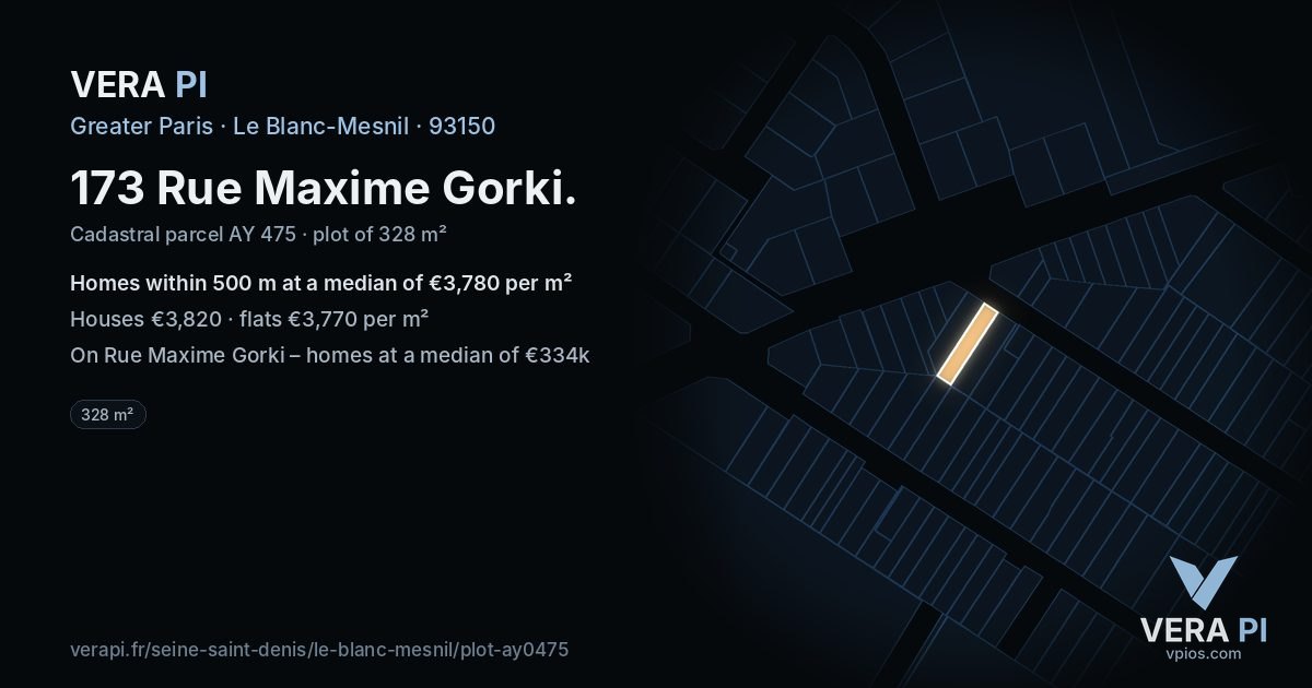 173 Rue Maxime Gorki, Le Blanc-Mesnil at night – the plot lit, the parcels around coloured by the prices near them