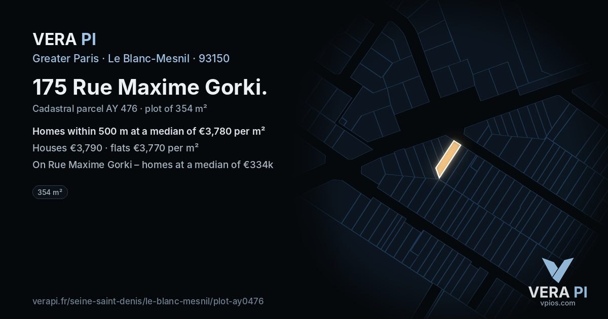 175 Rue Maxime Gorki, Le Blanc-Mesnil at night – the plot lit, the parcels around coloured by the prices near them