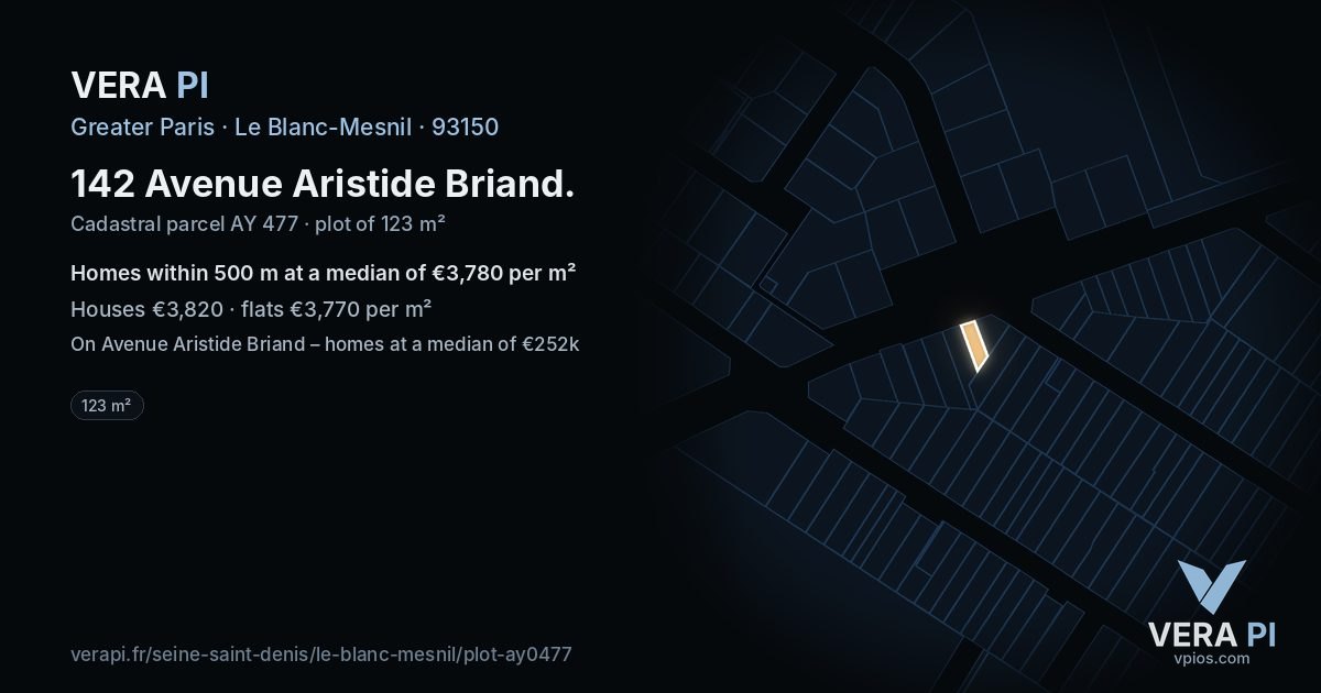 142 Avenue Aristide Briand, Le Blanc-Mesnil at night – the plot lit, the parcels around coloured by the prices near them