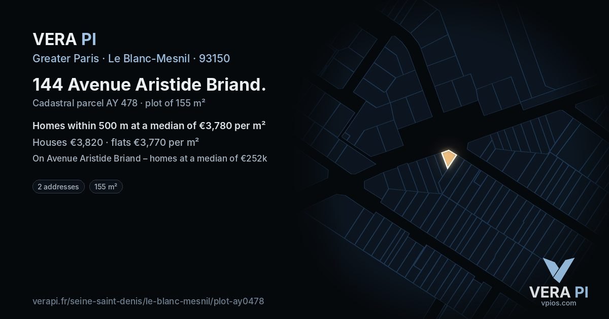 144 Avenue Aristide Briand, Le Blanc-Mesnil at night – the plot lit, the parcels around coloured by the prices near them