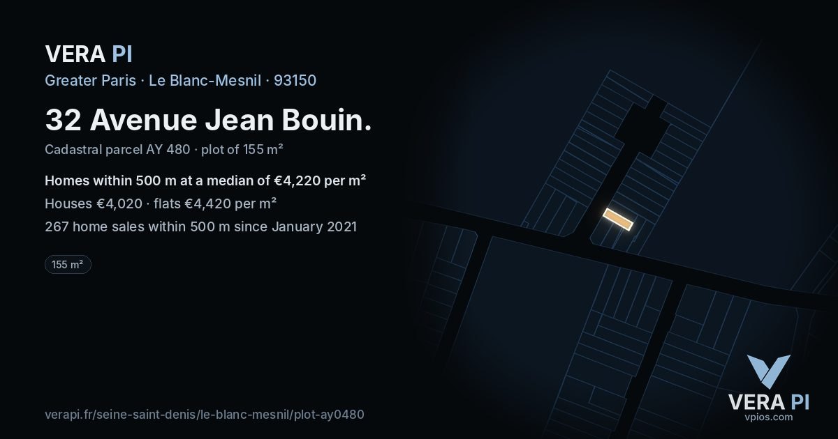 32 Avenue Jean Bouin, Le Blanc-Mesnil at night – the plot lit, the parcels around coloured by the prices near them