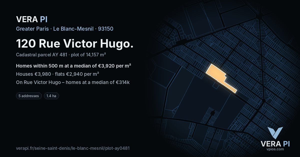 120 Rue Victor Hugo, Le Blanc-Mesnil at night – the plot lit, the parcels around coloured by the prices near them
