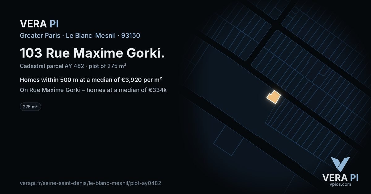 103 Rue Maxime Gorki, Le Blanc-Mesnil at night – the plot lit, the parcels around coloured by the prices near them