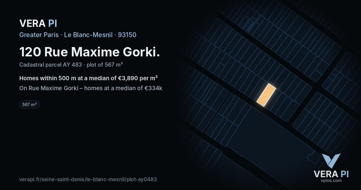 120 Rue Maxime Gorki, Le Blanc-Mesnil at night – the plot lit, the parcels around coloured by the prices near them
