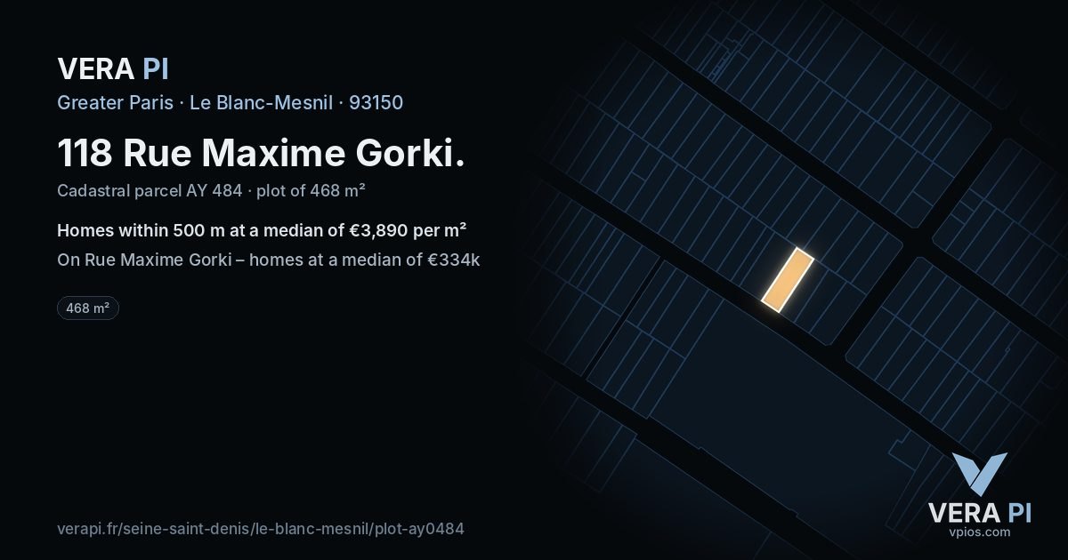 118 Rue Maxime Gorki, Le Blanc-Mesnil at night – the plot lit, the parcels around coloured by the prices near them