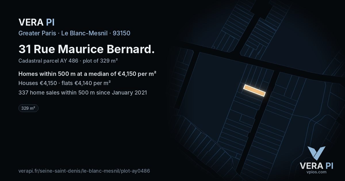 31 Rue Maurice Bernard, Le Blanc-Mesnil at night – the plot lit, the parcels around coloured by the prices near them