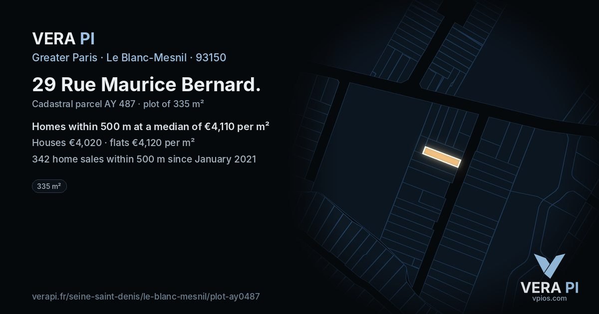 29 Rue Maurice Bernard, Le Blanc-Mesnil at night – the plot lit, the parcels around coloured by the prices near them