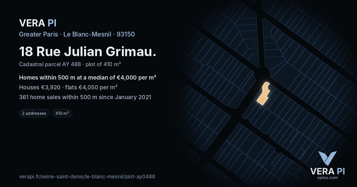18 Rue Julian Grimau, Le Blanc-Mesnil at night – the plot lit, the parcels around coloured by the prices near them