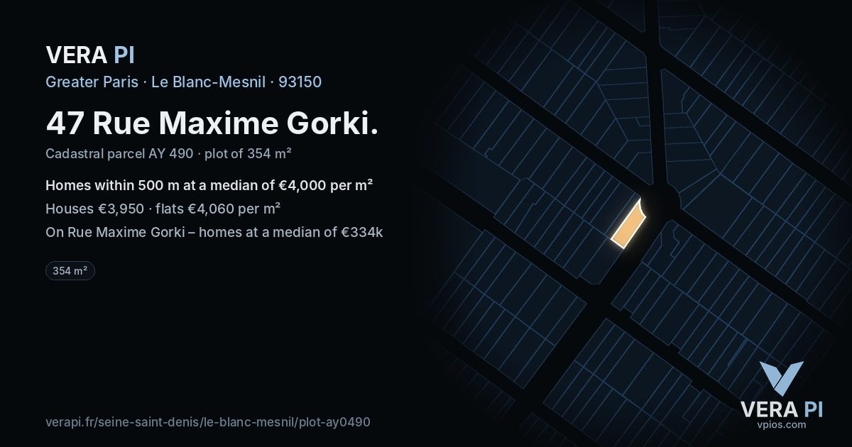 47 Rue Maxime Gorki, Le Blanc-Mesnil at night – the plot lit, the parcels around coloured by the prices near them