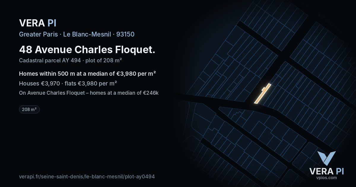 48 Avenue Charles Floquet, Le Blanc-Mesnil at night – the plot lit, the parcels around coloured by the prices near them