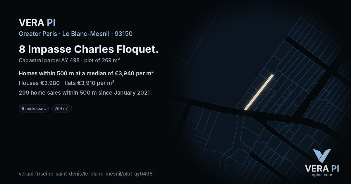 8 Impasse Charles Floquet, Le Blanc-Mesnil at night – the plot lit, the parcels around coloured by the prices near them