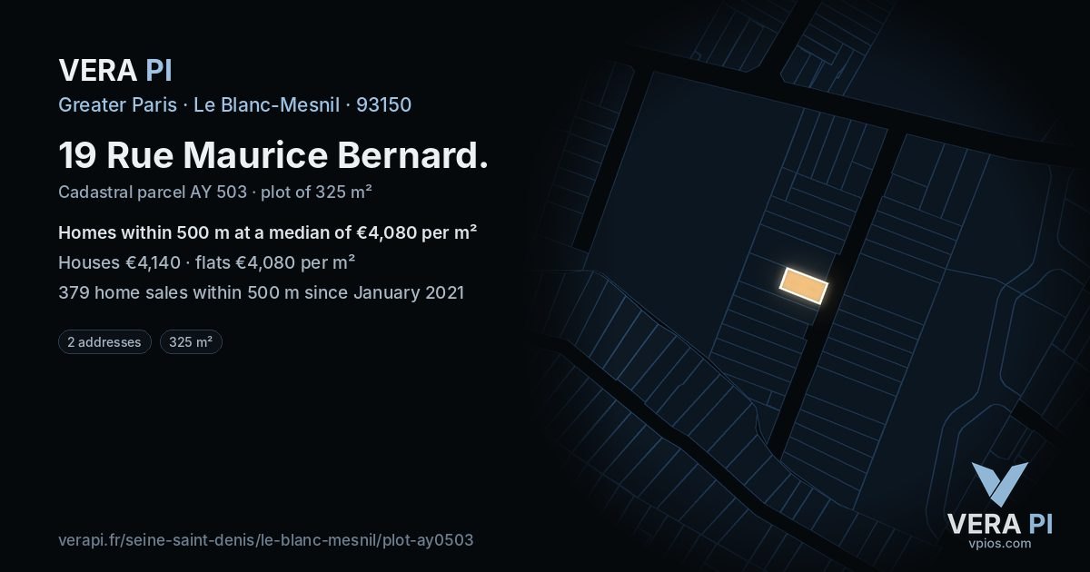 19 Rue Maurice Bernard, Le Blanc-Mesnil at night – the plot lit, the parcels around coloured by the prices near them