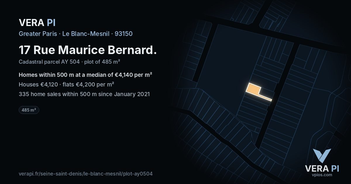 17 Rue Maurice Bernard, Le Blanc-Mesnil at night – the plot lit, the parcels around coloured by the prices near them