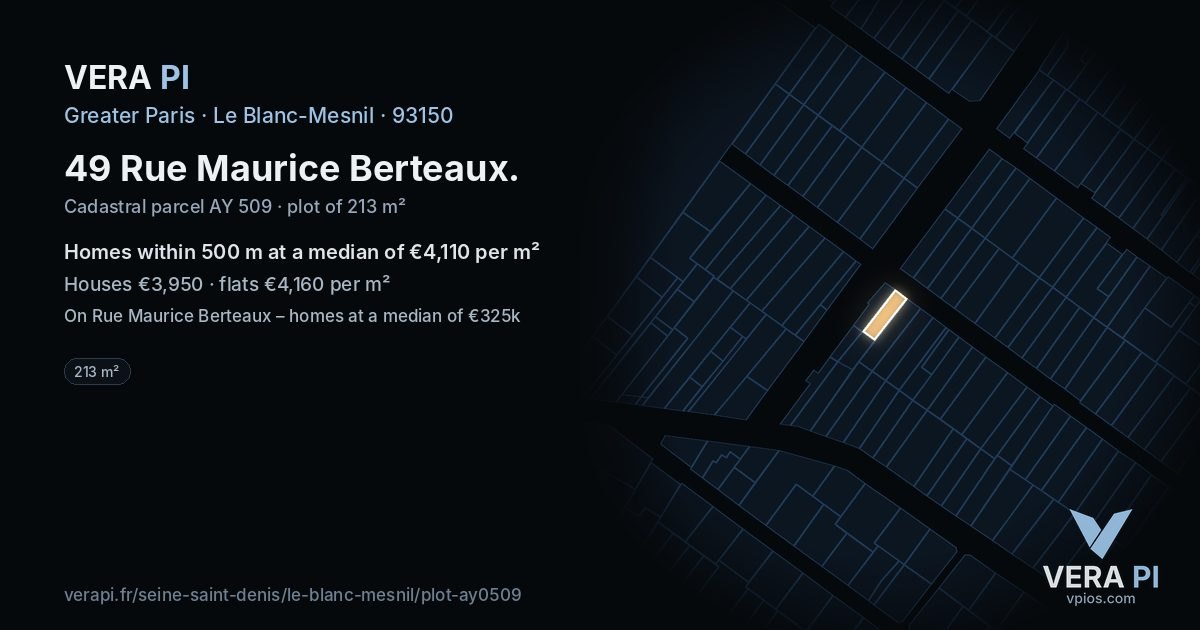 49 Rue Maurice Berteaux, Le Blanc-Mesnil at night – the plot lit, the parcels around coloured by the prices near them