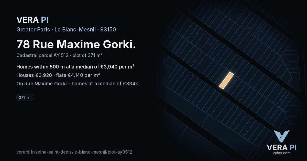 78 Rue Maxime Gorki, Le Blanc-Mesnil at night – the plot lit, the parcels around coloured by the prices near them