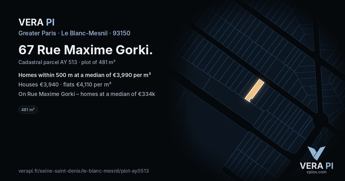 67 Rue Maxime Gorki, Le Blanc-Mesnil at night – the plot lit, the parcels around coloured by the prices near them