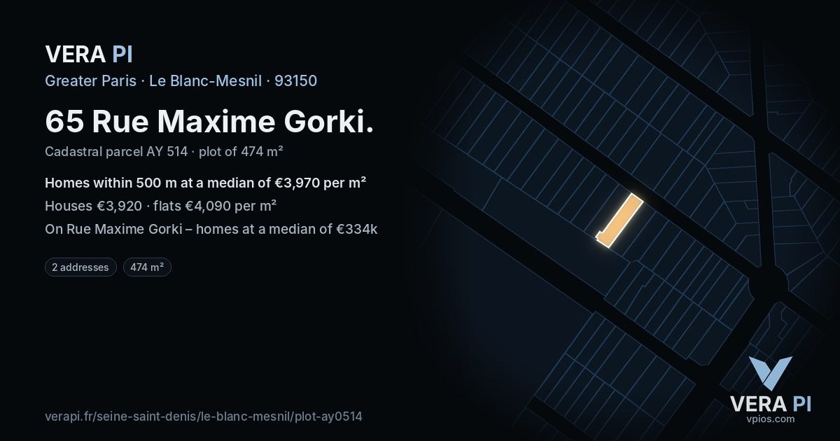 65 Rue Maxime Gorki, Le Blanc-Mesnil at night – the plot lit, the parcels around coloured by the prices near them