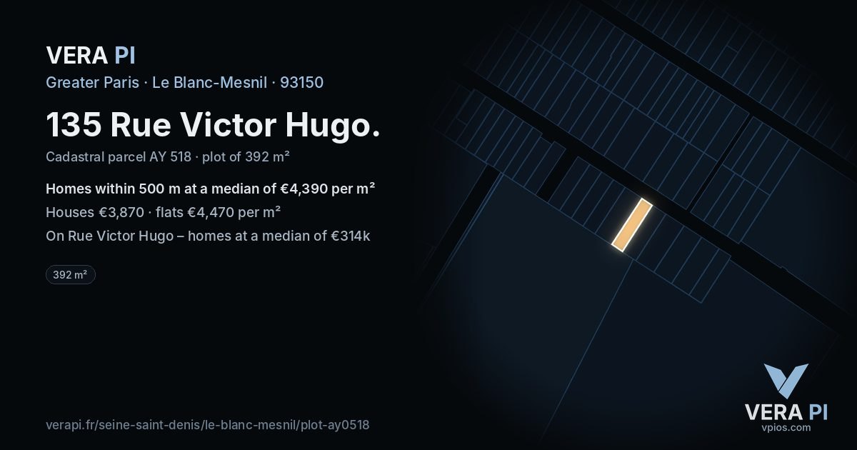 135 Rue Victor Hugo, Le Blanc-Mesnil at night – the plot lit, the parcels around coloured by the prices near them