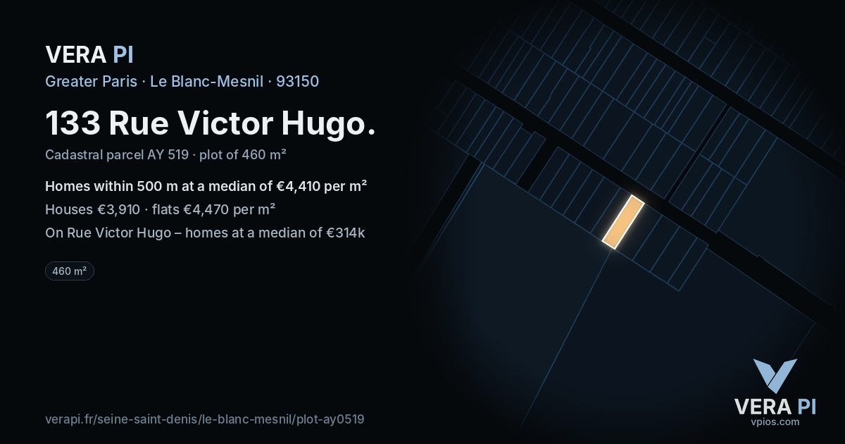 133 Rue Victor Hugo, Le Blanc-Mesnil at night – the plot lit, the parcels around coloured by the prices near them