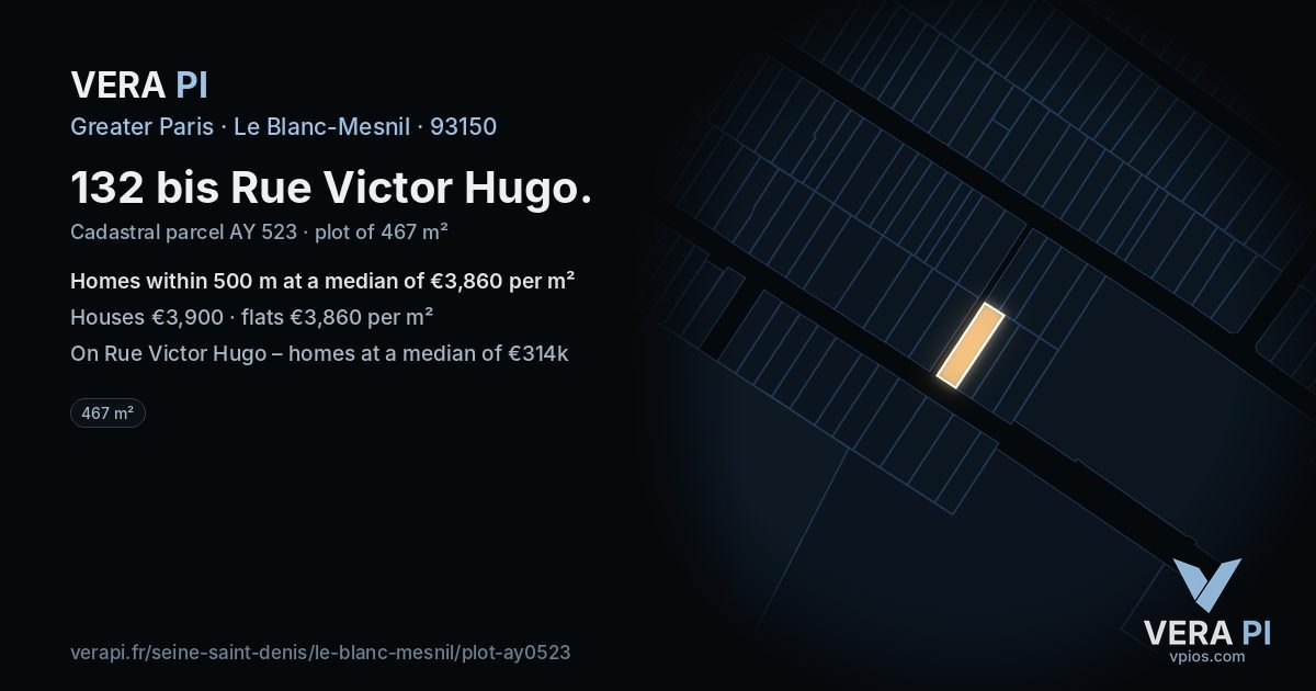 132 bis Rue Victor Hugo, Le Blanc-Mesnil at night – the plot lit, the parcels around coloured by the prices near them