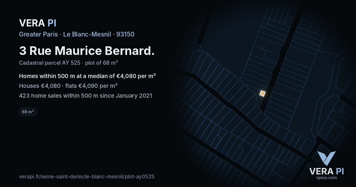 3 Rue Maurice Bernard, Le Blanc-Mesnil at night – the plot lit, the parcels around coloured by the prices near them