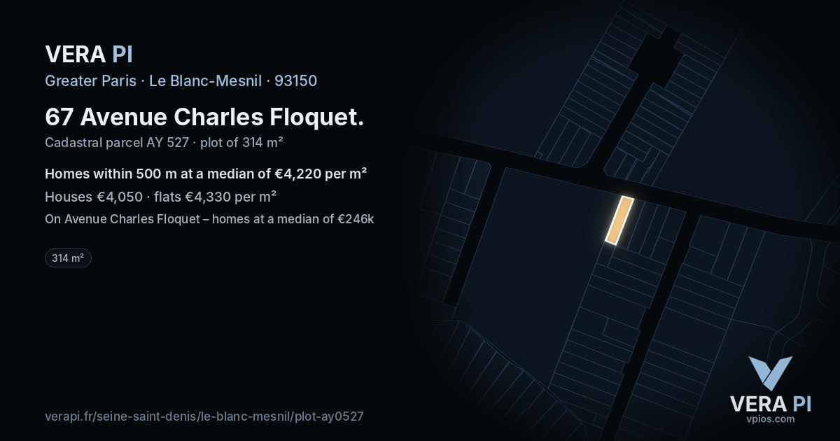 67 Avenue Charles Floquet, Le Blanc-Mesnil at night – the plot lit, the parcels around coloured by the prices near them