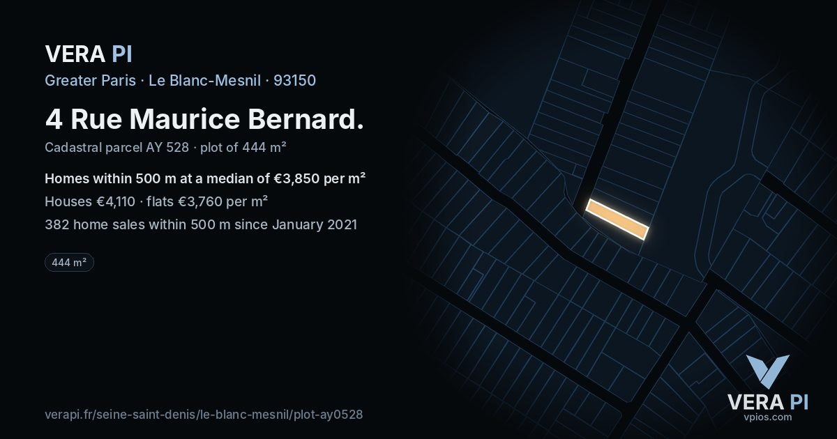 4 Rue Maurice Bernard, Le Blanc-Mesnil at night – the plot lit, the parcels around coloured by the prices near them