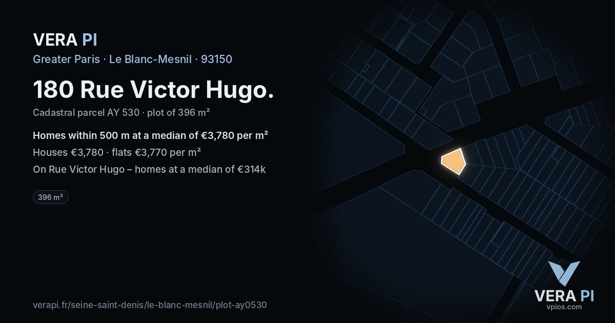 180 Rue Victor Hugo, Le Blanc-Mesnil at night – the plot lit, the parcels around coloured by the prices near them