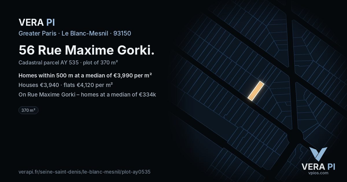 56 Rue Maxime Gorki, Le Blanc-Mesnil at night – the plot lit, the parcels around coloured by the prices near them