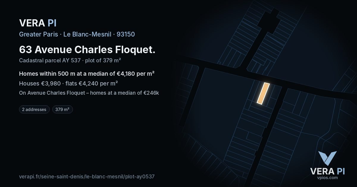 63 Avenue Charles Floquet, Le Blanc-Mesnil at night – the plot lit, the parcels around coloured by the prices near them
