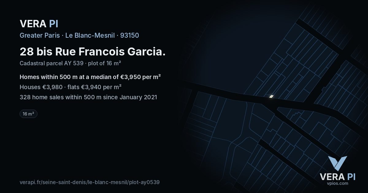 28 bis Rue Francois Garcia, Le Blanc-Mesnil at night – the plot lit, the parcels around coloured by the prices near them