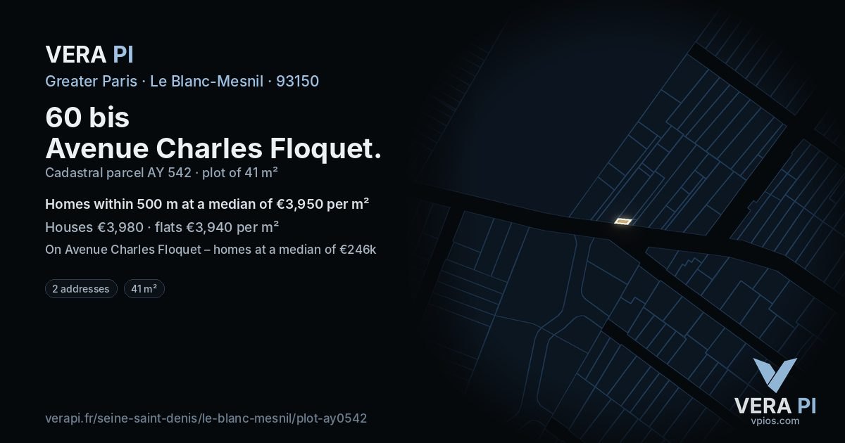 60 bis Avenue Charles Floquet, Le Blanc-Mesnil at night – the plot lit, the parcels around coloured by the prices near them