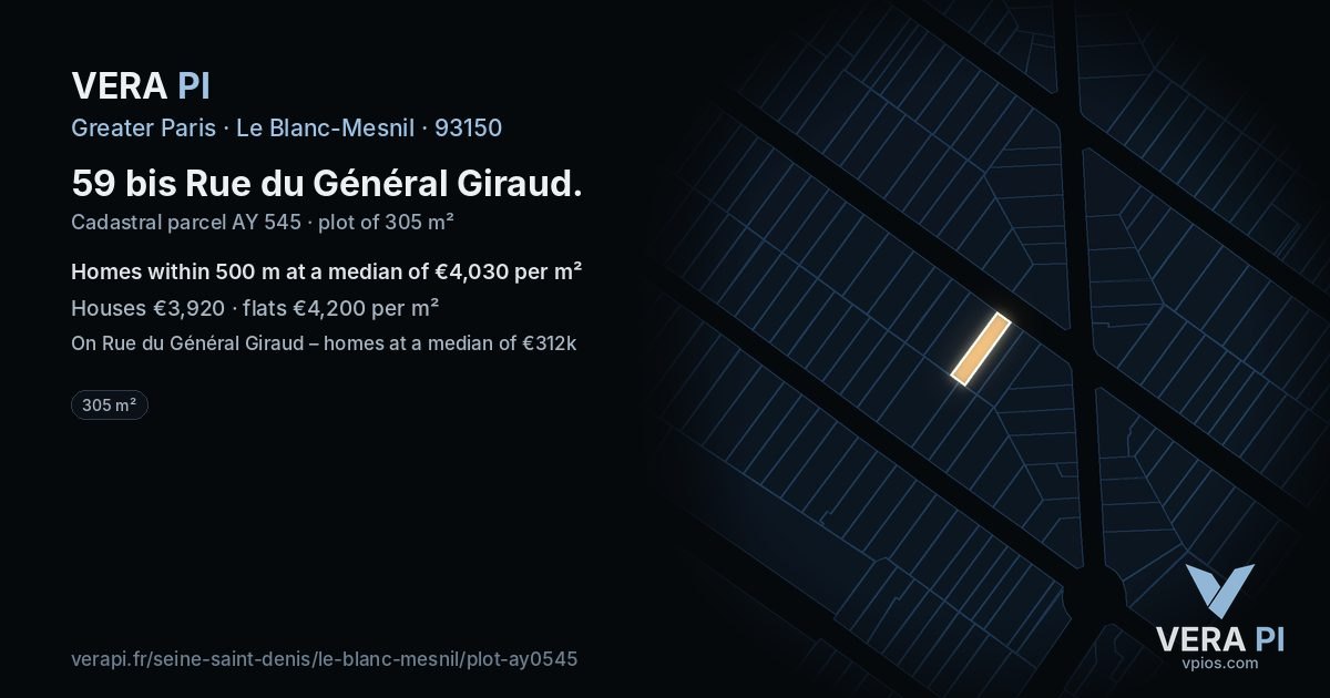 59 bis Rue du Général Giraud, Le Blanc-Mesnil at night – the plot lit, the parcels around coloured by the prices near them