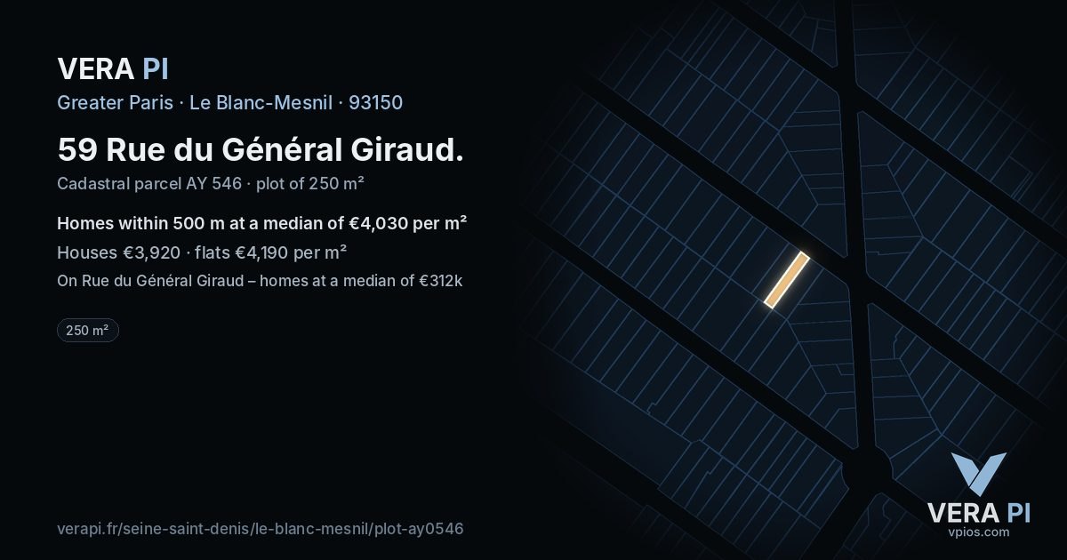 59 Rue du Général Giraud, Le Blanc-Mesnil at night – the plot lit, the parcels around coloured by the prices near them