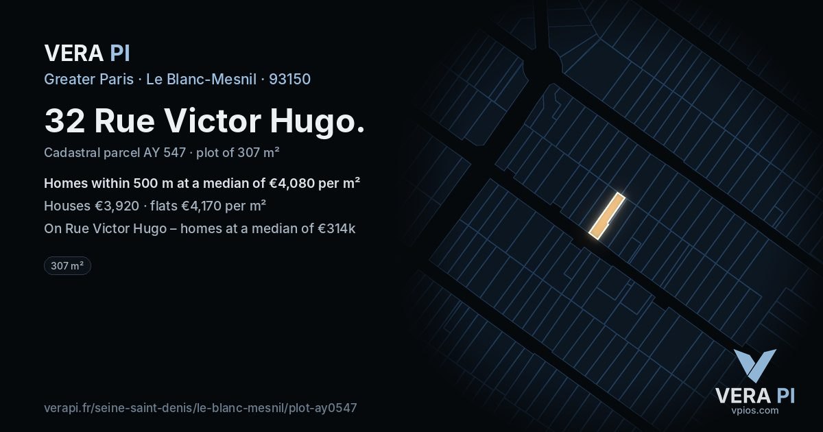 32 Rue Victor Hugo, Le Blanc-Mesnil at night – the plot lit, the parcels around coloured by the prices near them