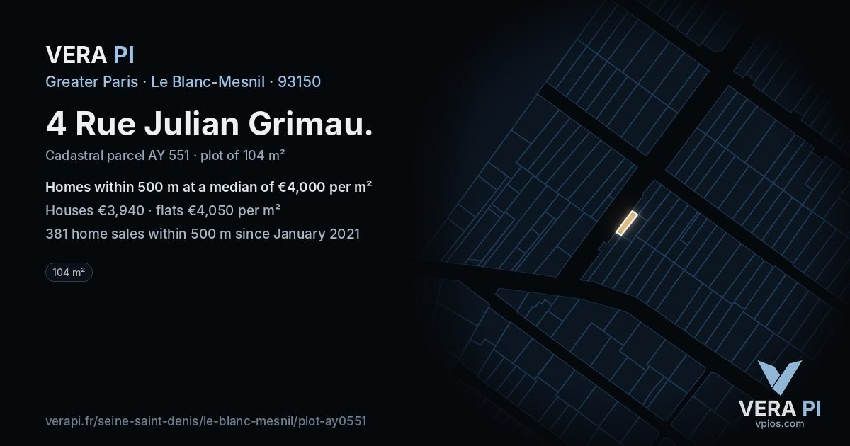 4 Rue Julian Grimau, Le Blanc-Mesnil at night – the plot lit, the parcels around coloured by the prices near them