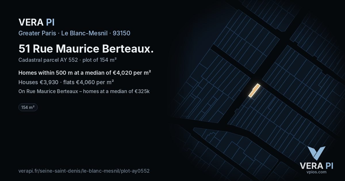 51 Rue Maurice Berteaux, Le Blanc-Mesnil at night – the plot lit, the parcels around coloured by the prices near them