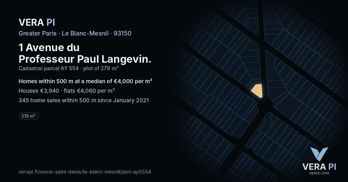 1 Avenue du Professeur Paul Langevin, Le Blanc-Mesnil at night – the plot lit, the parcels around coloured by the prices near them
