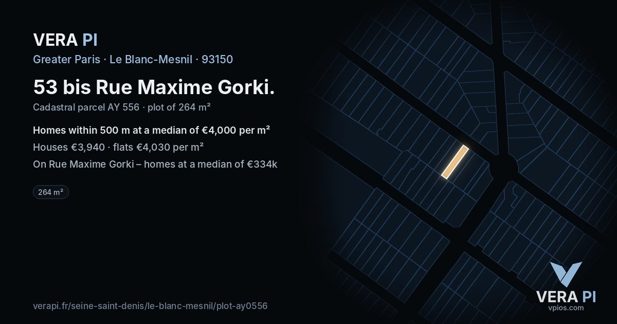 53 bis Rue Maxime Gorki, Le Blanc-Mesnil at night – the plot lit, the parcels around coloured by the prices near them