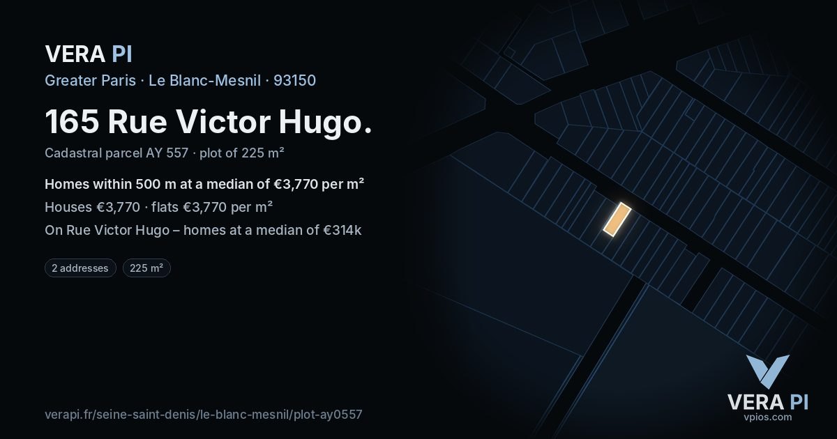 165 Rue Victor Hugo, Le Blanc-Mesnil at night – the plot lit, the parcels around coloured by the prices near them