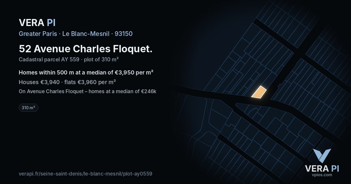 52 Avenue Charles Floquet, Le Blanc-Mesnil at night – the plot lit, the parcels around coloured by the prices near them