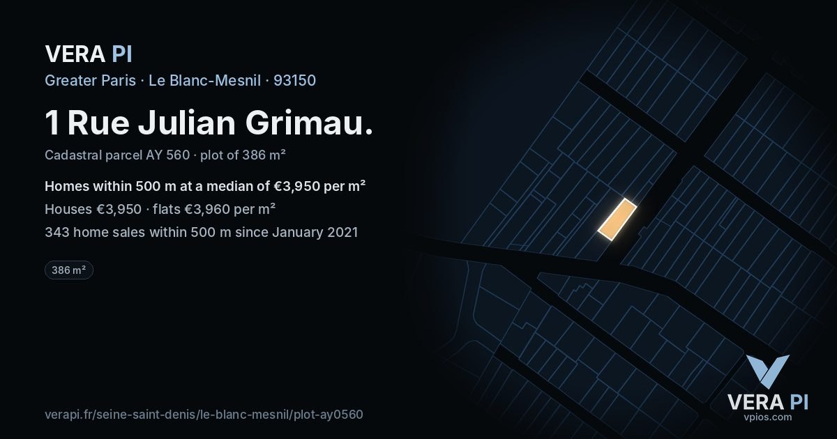 1 Rue Julian Grimau, Le Blanc-Mesnil at night – the plot lit, the parcels around coloured by the prices near them