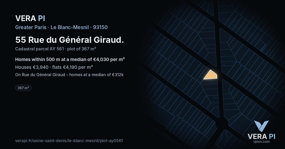 55 Rue du Général Giraud, Le Blanc-Mesnil at night – the plot lit, the parcels around coloured by the prices near them