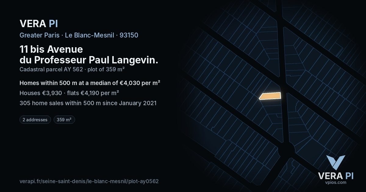 11 bis Avenue du Professeur Paul Langevin, Le Blanc-Mesnil at night – the plot lit, the parcels around coloured by the prices near them