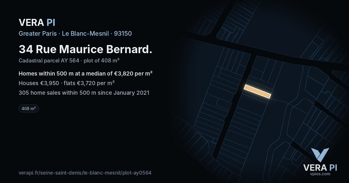 34 Rue Maurice Bernard, Le Blanc-Mesnil at night – the plot lit, the parcels around coloured by the prices near them