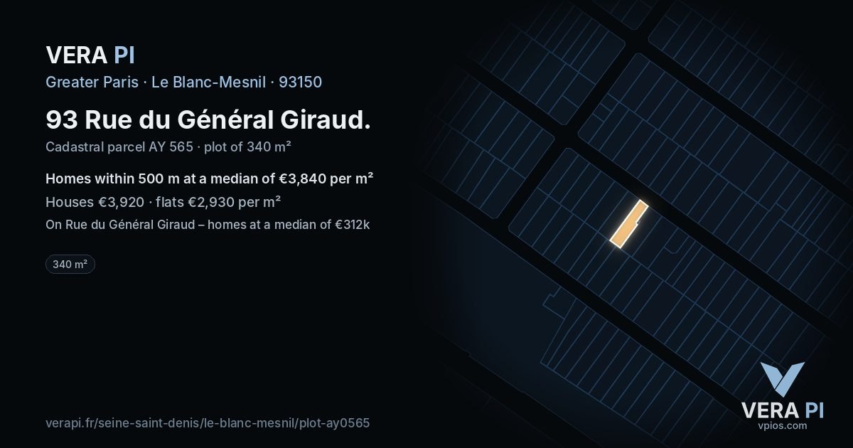 93 Rue du Général Giraud, Le Blanc-Mesnil at night – the plot lit, the parcels around coloured by the prices near them