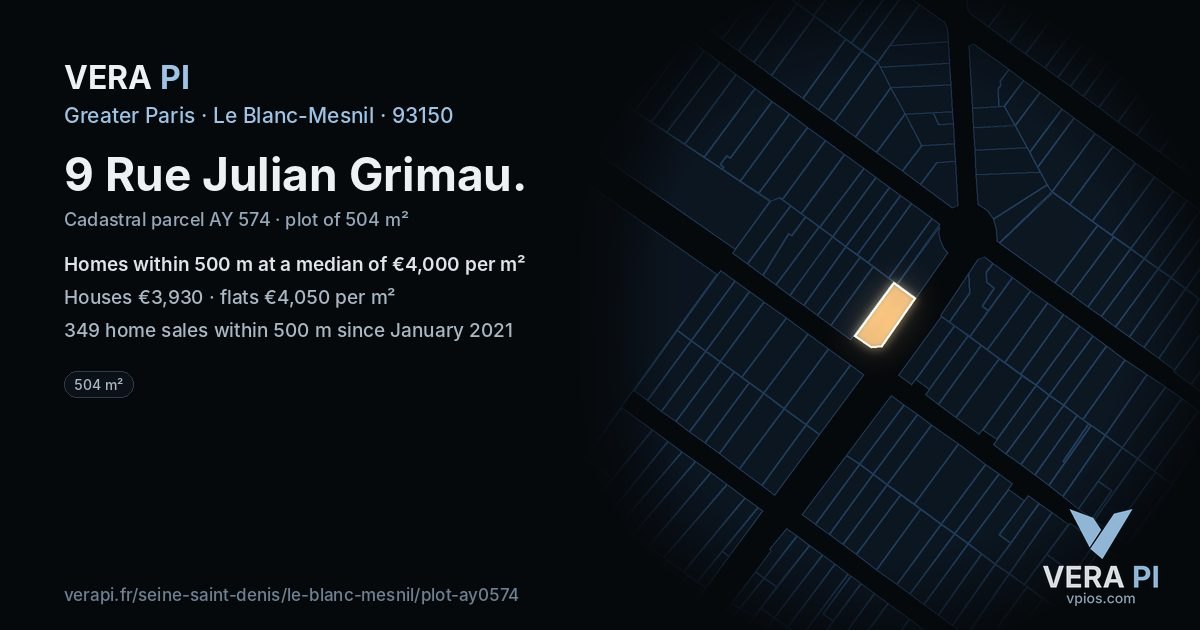 9 Rue Julian Grimau, Le Blanc-Mesnil at night – the plot lit, the parcels around coloured by the prices near them