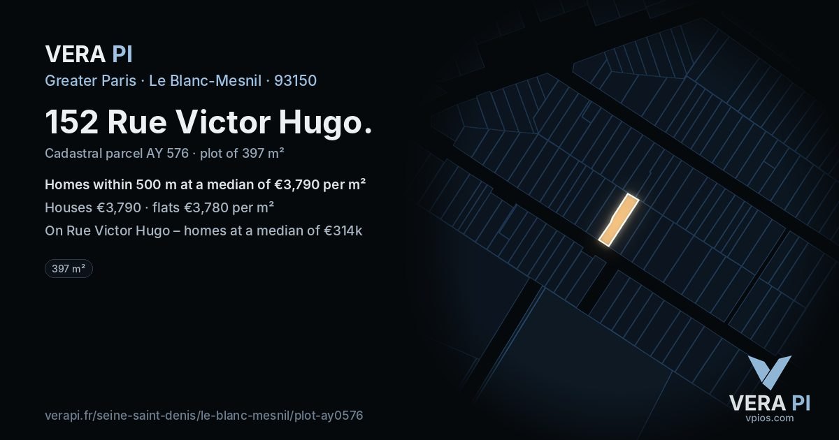 152 Rue Victor Hugo, Le Blanc-Mesnil at night – the plot lit, the parcels around coloured by the prices near them