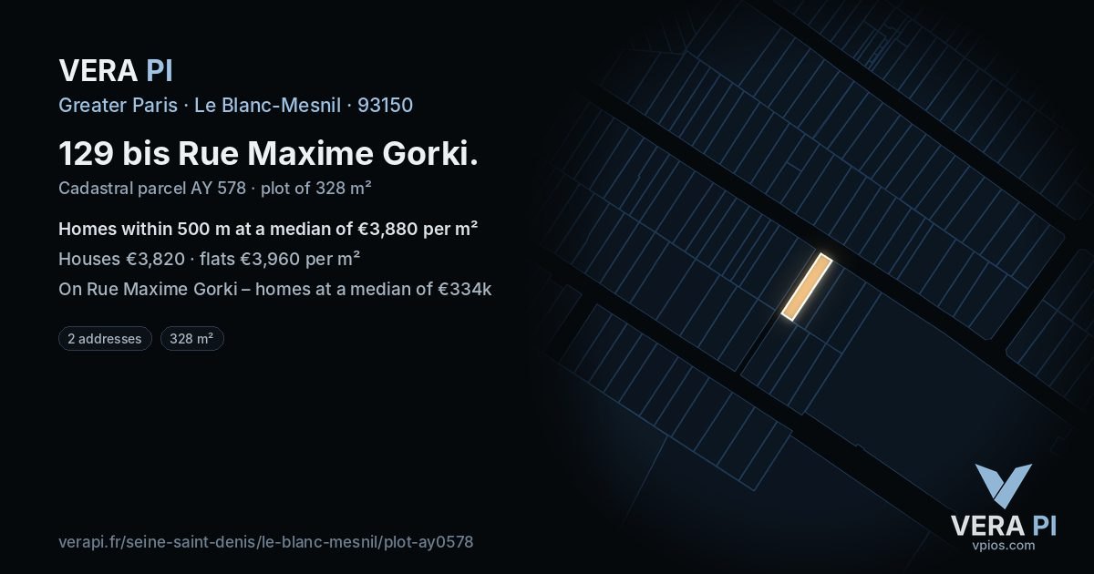 129 bis Rue Maxime Gorki, Le Blanc-Mesnil at night – the plot lit, the parcels around coloured by the prices near them