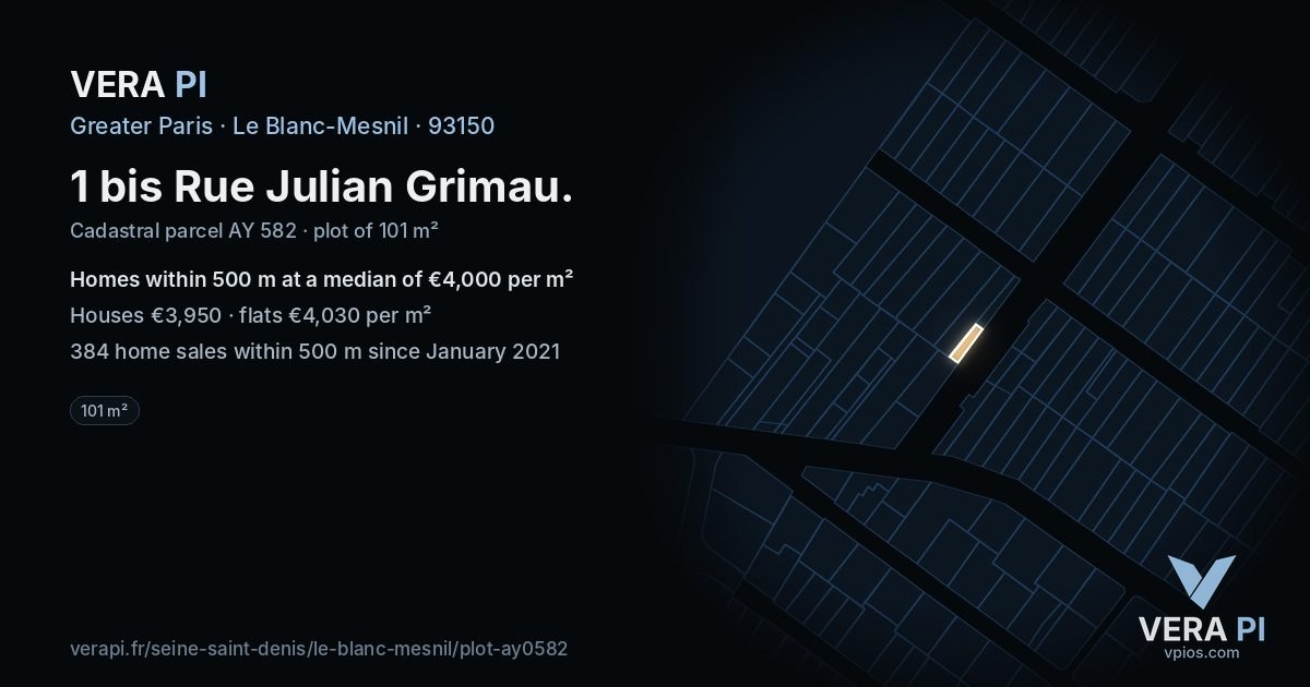 1 bis Rue Julian Grimau, Le Blanc-Mesnil at night – the plot lit, the parcels around coloured by the prices near them